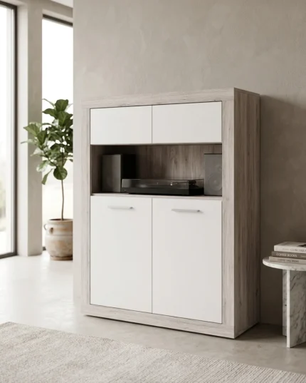 BUFFET HAUT 4 PORTES + 1 NICHE - BLANC ET CHENE