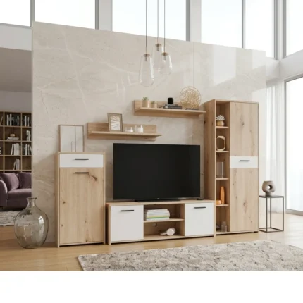 ENSEMBLE MUR TV : MTV + RANGEMENT + VITRINE + 2 ÉTAGÈRES MURALES - CHÊNE ET BLANC