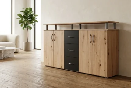 ENFILADE 4 PORTES + 3 TIROIRS - CHENE ET GRIS
