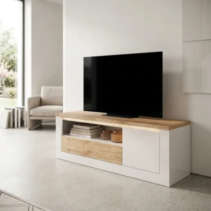 MEUBLE TV 1 PORTE + 1 TIROIR + 1 NICHE - BLANC ET CHÊNE