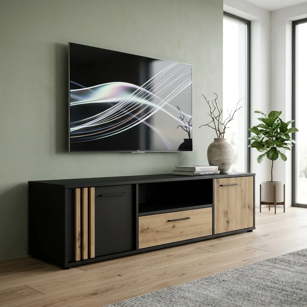 AI Generated Product Image MEUBLE TV 2 PORTES 1 TIROIR 1 NICHE - NOIR ET CHENE – Image 1