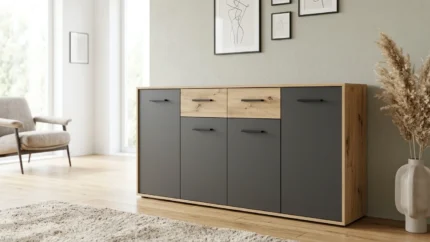 ENFILADE 4 PORTES + 2 TIROIRS - NOIR ET CHÊNE
