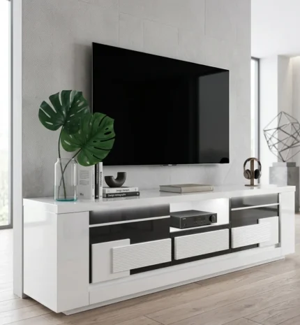 MEUBLE TV 2 PORTES + 1 TIROIR - BLANC & GRIS