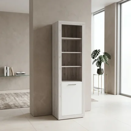 BIBLIOTHEQUE 1 PORTE / 4 NICHES BLANC/CHENE CENDRE