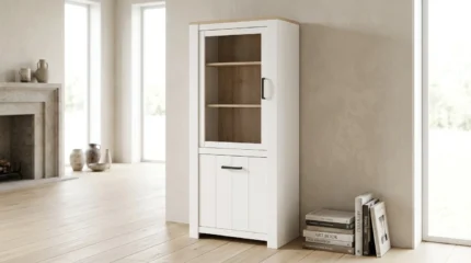 VITRINE 1 PORTE VITRE + 1 PORTE - CHENE ET BLANC