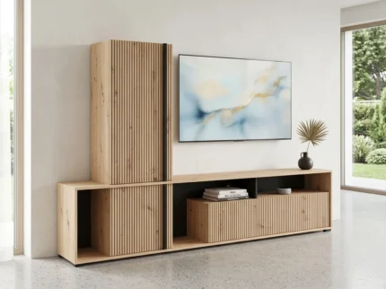 MEUBLE TV LIVING 3 PORTES 3 NICHES - CHENE ET NOIR