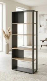 BIBLIOTHEQUE 4 ÉTAGÈRES FIXE - GRIS MAT & CHENE
