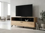 MEUBLE TV 1 PORTE 2 NICHES 2 TIROIRS - CHÊNE ARTISAN ET NOIR