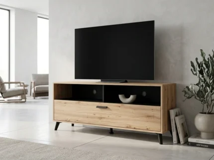 MEUBLE TV 1 PORTE 2 NICHES 2 TIROIRS - CHÊNE ARTISAN ET NOIR
