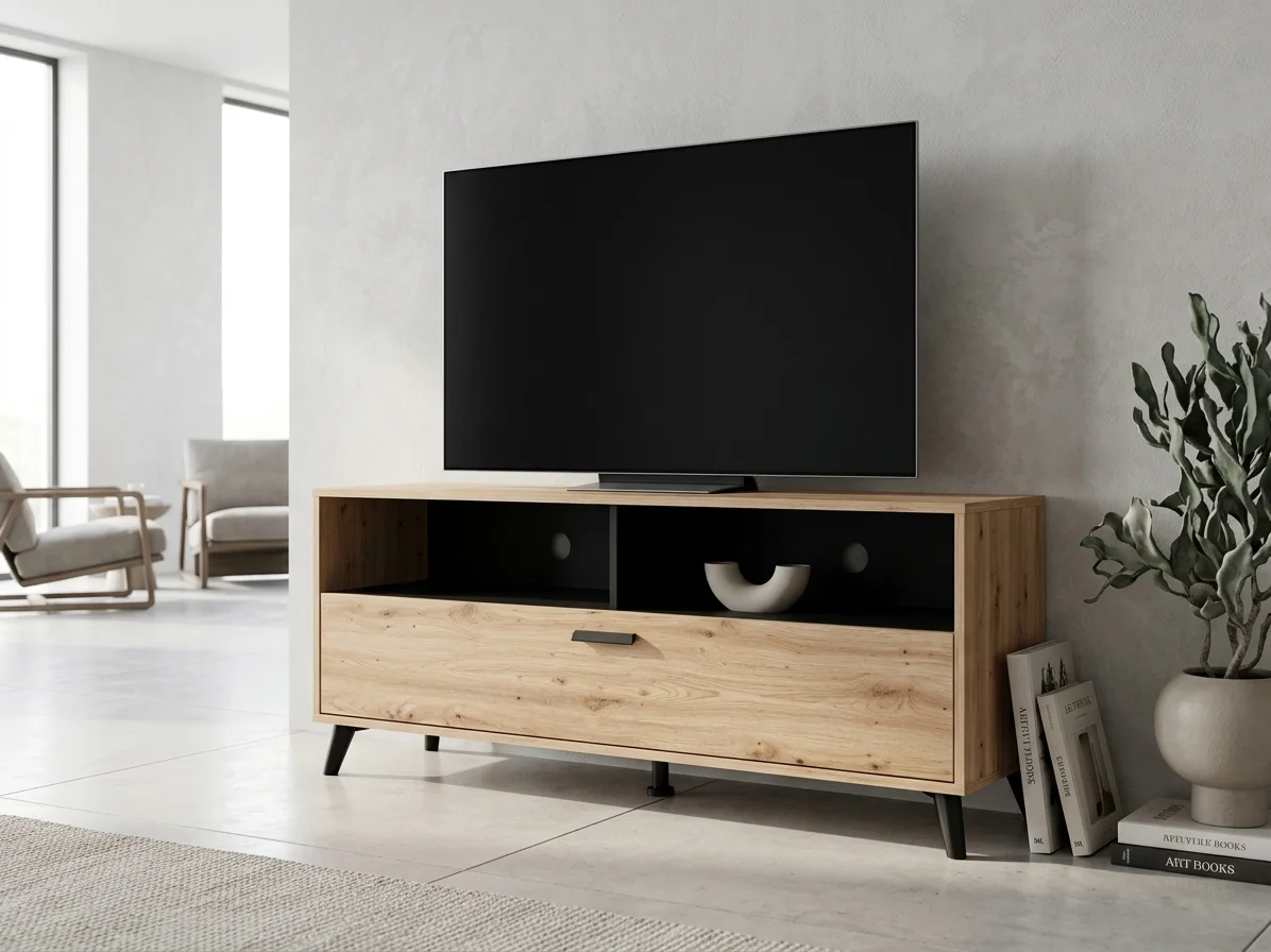 AI Generated Product Image MEUBLE TV 1 PORTE 2 NICHES 2 TIROIRS - CHÊNE ARTISAN ET NOIR – Image 1