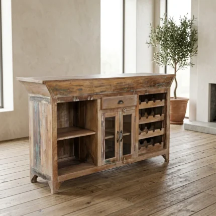 BAR DEMI-LUNE AVEC RANGEMENTS - BOIS DE MANGUIER