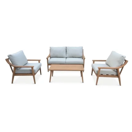 CANAPE 2 PLACES + 2 FAUTEUILS + TABLE BASSE - BOIS ET GRIS