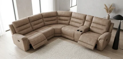 CANAPÉ D'ANGLE PANORAMIQUE EN TISSU MICROFIBRE + 3 RELAX ÉLECTRIQUES + CONSOLE BAR - BEIGE