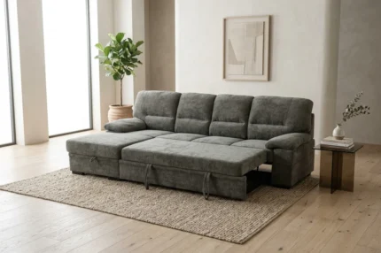 CANAPÉ D'ANGLE GAUCHE CONVERTIBLE EN TISSU AVEC COFFRE DE RANGEMENT - VERT OLIVE