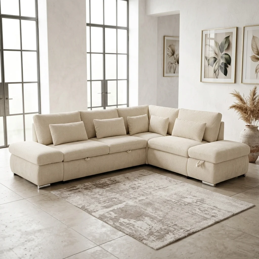 AI Generated Product Image CANAPÉ D'ANGLE DROIT CONVERTIBLE XXL EN TISSU - CRÈME – Image 1