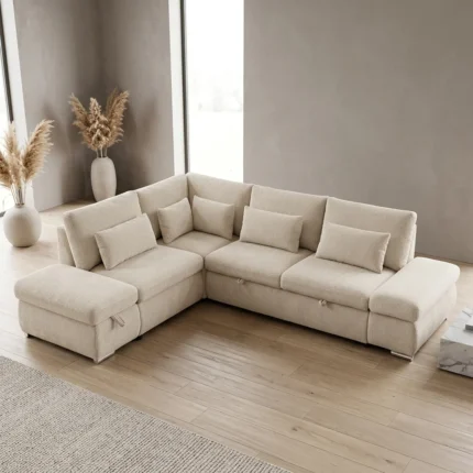 CANAPÉ D'ANGLE GAUCHE CONVERTIBLE XXL  EN TISSU - CRÈME