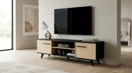 MEUBLE TV 2 PORTES ET 2 NICHES -  CHENE ET NOIR