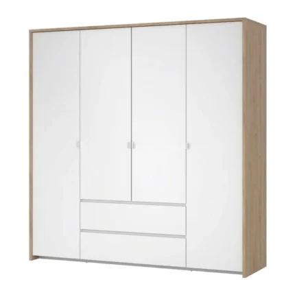 ARMOIRE 4 PORTES + 2 TIROIRS - BLANC ET CHÊNE