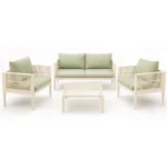 CANAPÉ 2 PLACES + 2 FAUTEUILS + TABLE BASSE - CRÈME AVEC COUSSIN VERT