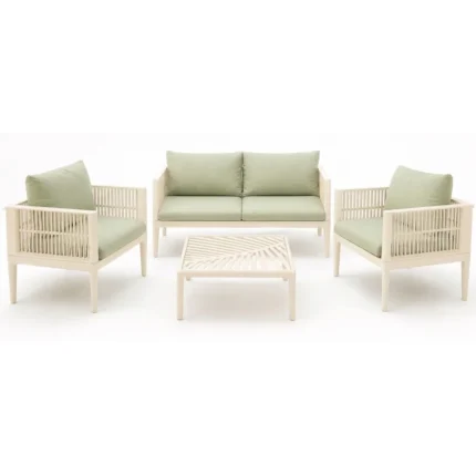 CANAPÉ 2 PLACES + 2 FAUTEUILS + TABLE BASSE - CRÈME AVEC COUSSIN VERT