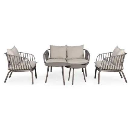CANAPÉ 2 PLACES + 2 FAUTEUILS + 2 TABLES BASSES EN POLYPROPYLÈNE - GRIS