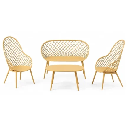CANAPÉ 2 PLACES + 2 FAUTEUILS + TABLE BASSE EN POLYPROPYLÈNE - JAUNE