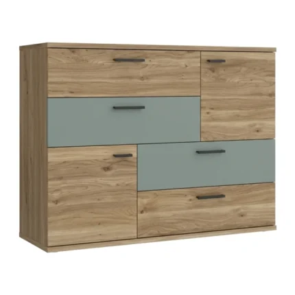 COMMODE 2 PORTES 4 TIROIRS - CHÊNE ET VERT CANARD