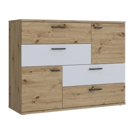 COMMODE 2 PORTES 4 TIROIRS - CHÊNE ET BLANC