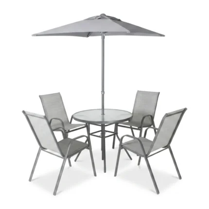 CANAPÉ TABLE RONDE + 4 FAUTEUILS + PARASOL - GRIS