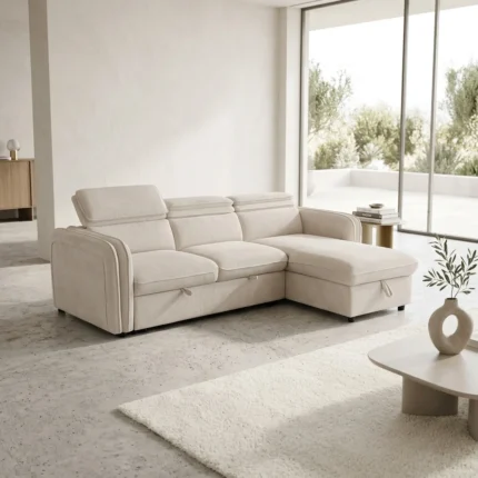 CANAPÉ D'ANGLE RÉVERSIBLE & CONVERTIBLE EN TISSU - BEIGE