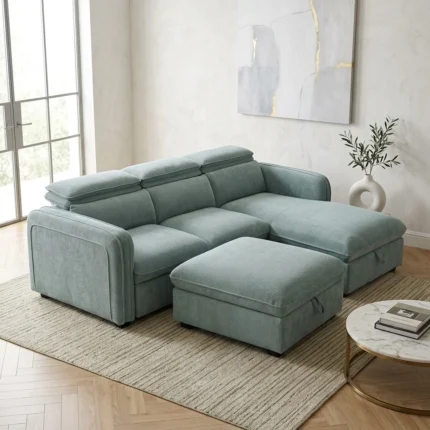 CANAPÉ D'ANGLE RÉVERSIBLE & CONVERTIBLE EN TISSU - VERT ET BLEU