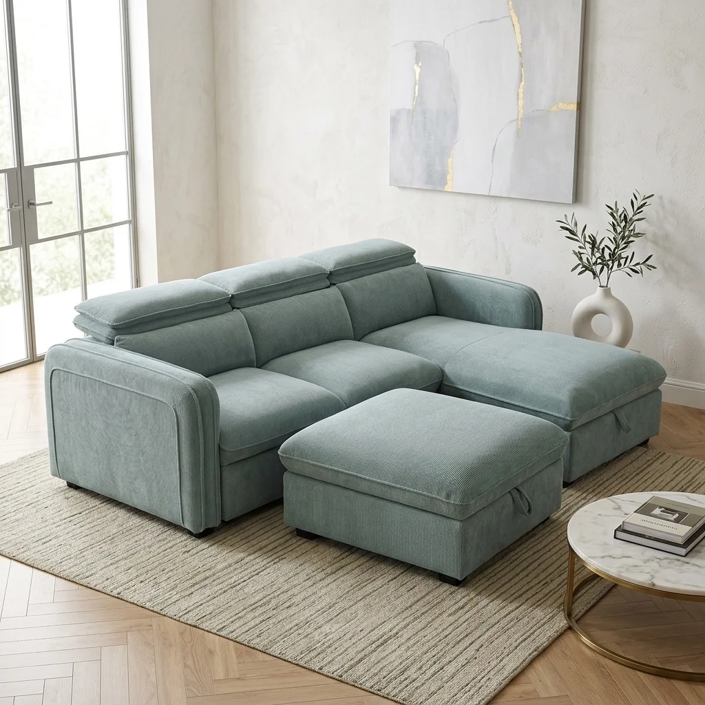 AI Generated Product Image CANAPÉ D'ANGLE RÉVERSIBLE & CONVERTIBLE EN TISSU - VERT ET BLEU – Image 1