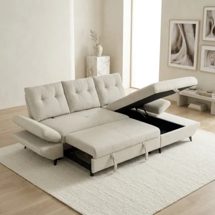 CANAPÉ D'ANGLE DROIT CONVERTIBLE AVEC COFFRE - BEIGE