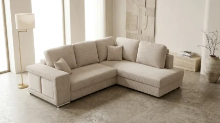CANAPÉ D'ANGLE DROIT AVEC 2 POUFS TISSU - BEIGE