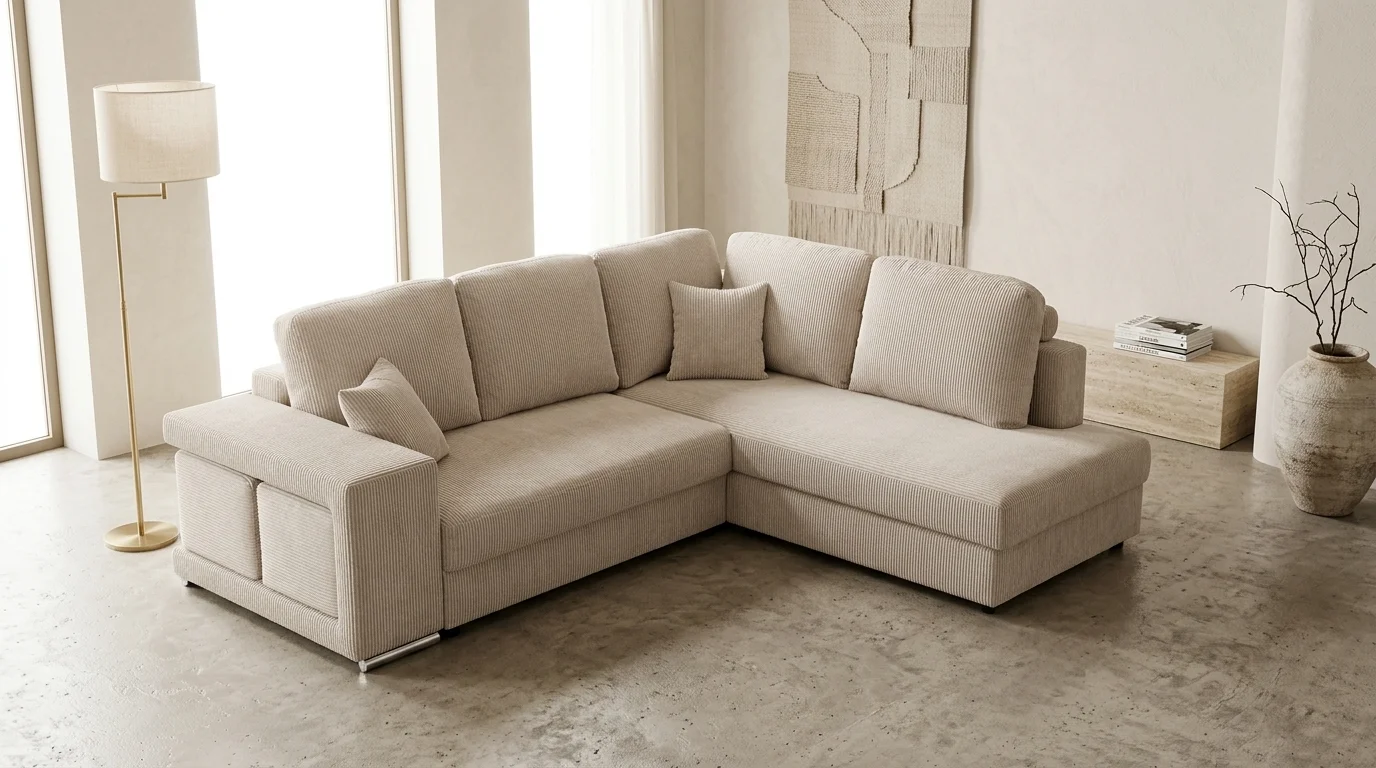 AI Generated Product Image CANAPÉ D'ANGLE DROIT AVEC 2 POUFS TISSU - BEIGE – Image 1