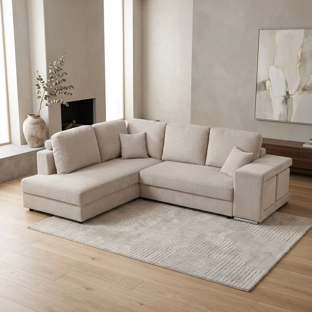 AI Generated Product Image CANAPÉ D'ANGLE GAUCHE AVEC 2 POUFS TISSU - BEIGE – Image 1