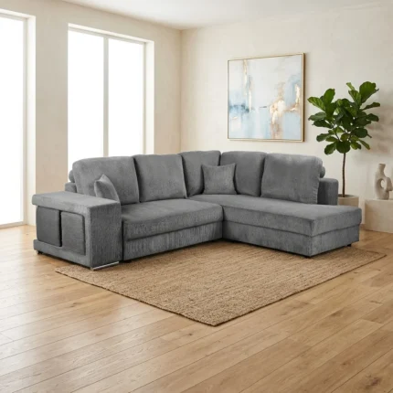 CANAPÉ D'ANGLE DROIT AVEC 2 POUFS TISSU - GRIS
