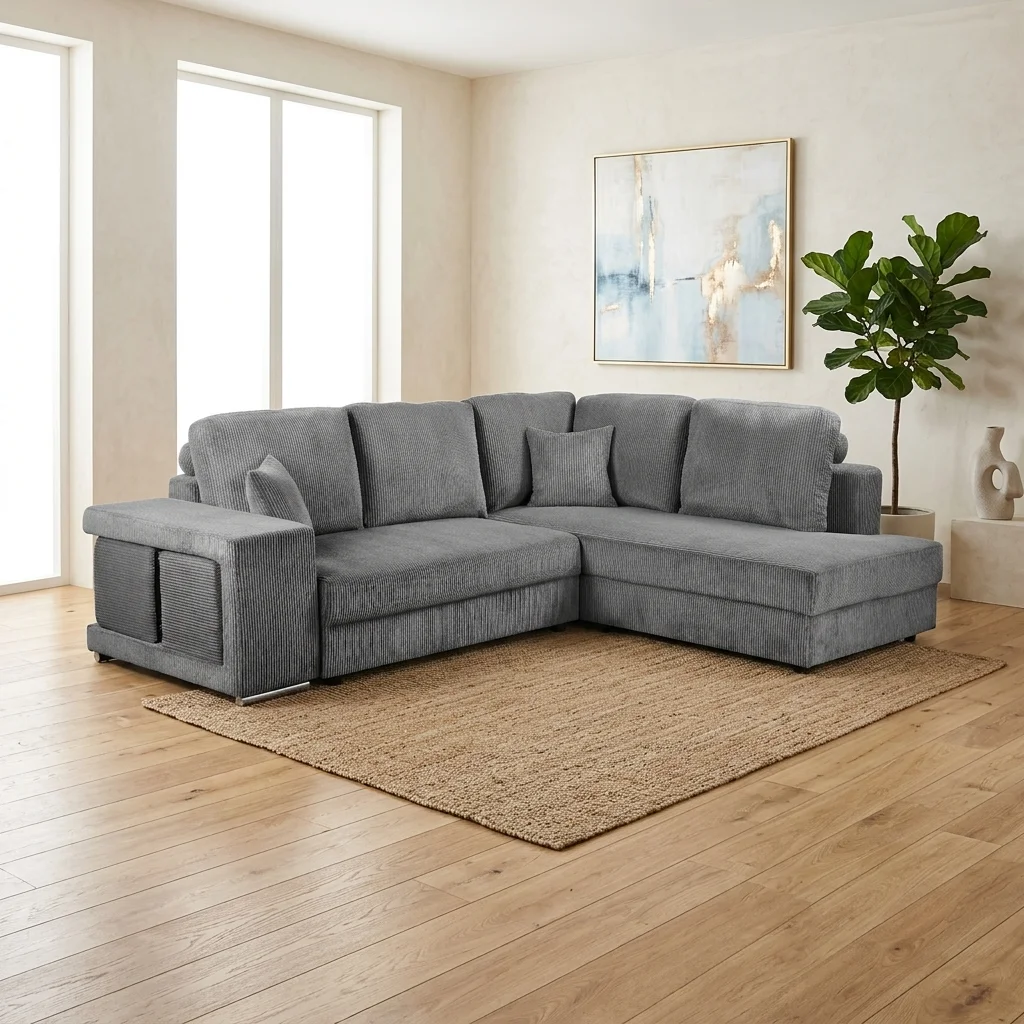 AI Generated Product Image CANAPÉ D'ANGLE DROIT AVEC 2 POUFS TISSU - GRIS – Image 1