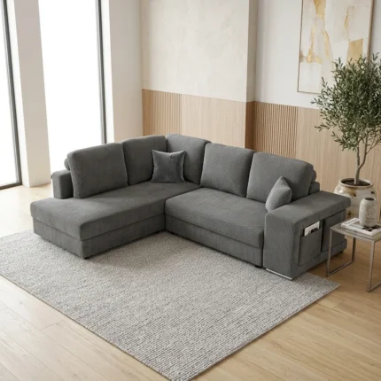 CANAPÉ D'ANGLE GAUCHE AVEC 2 POUFS TISSU - GRIS