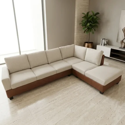 CANAPÉ D'ANGLE DROIT TISSU ET SIMILI CUIR - MARRON ET BLANC