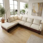 CANAPÉ D'ANGLE GAUCHE TISSU ET SIMILI CUIR - MARRON ET BLANC