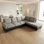 CANAPÉ D'ANGLE DROIT TISSU ET SIMILI CUIR - GRIS ET BLANC