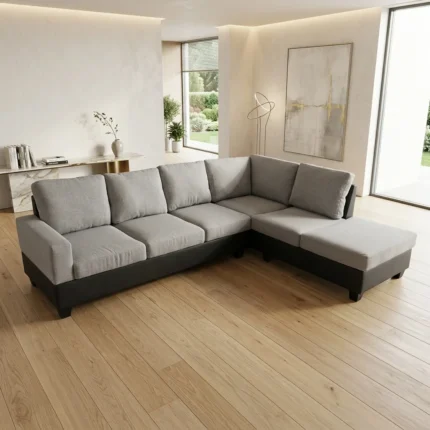 CANAPÉ D'ANGLE DROIT TISSU ET SIMILI CUIR - GRIS ET BLANC