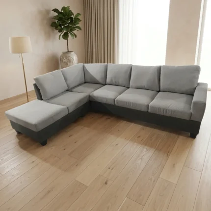 CANAPÉ D'ANGLE GAUCHE TISSU ET SIMILI CUIR - GRIS ET BLANC