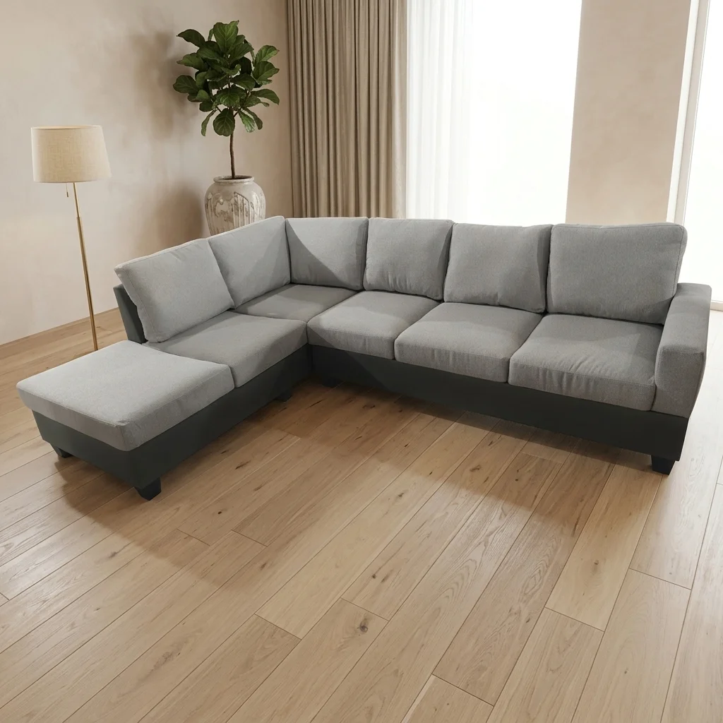 AI Generated Product Image CANAPÉ D'ANGLE GAUCHE TISSU ET SIMILI CUIR - GRIS ET BLANC – Image 1