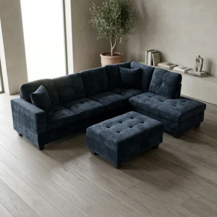CANAPÉ D'ANGLE DROIT AVEC COFFRE ET OTTOMAN - BLEU SAPPHIRE
