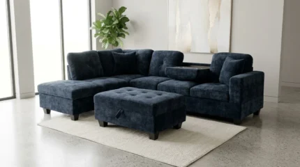CANAPÉ D'ANGLE GAUCHE AVEC COFFRE ET OTTOMAN - BLEU SAPPHIRE