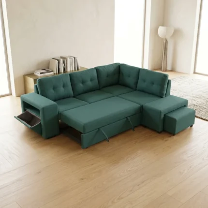 CANAPÉ D'ANGLE DROIT AVEC POUF ET RANGEMENT TISSU - VERT