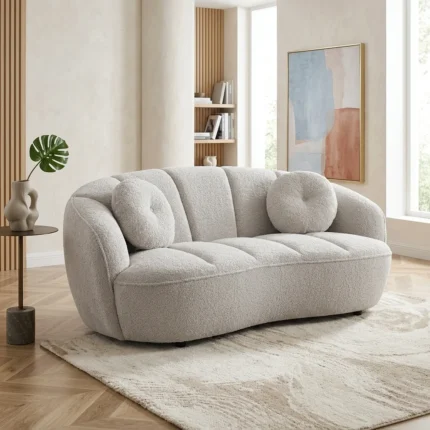 CANAPE 2 PLACES  EN TISSU STYLE BOUCLETTE - BLANC