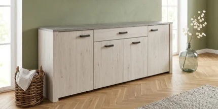ENFILADE 4 PORTES 1 TIROIR 3 NICHES - BLANC ET CHÊNE GRIS